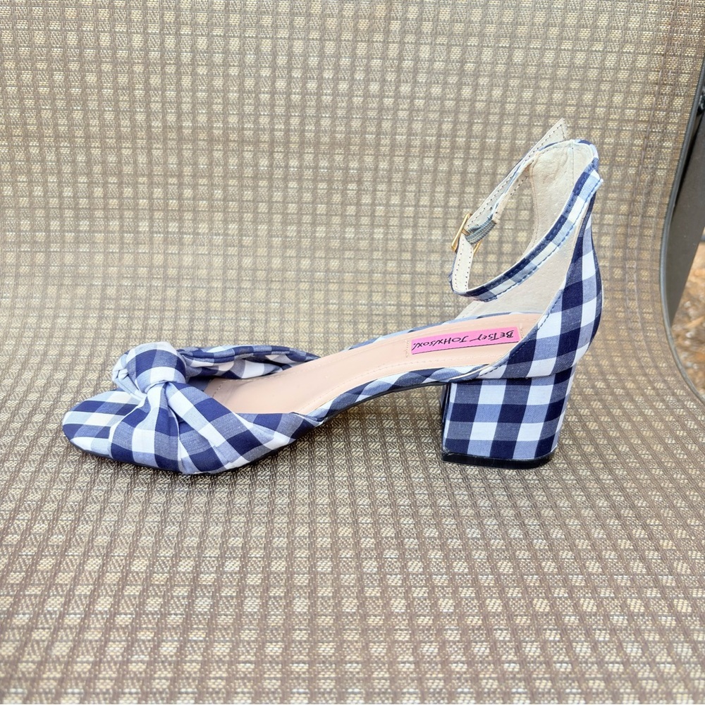 Vintage Betsey Johnson Ivee Women 7 Navy Gingham Bow Ankle Strap Heeled Sandals - Picture 2 of 9
